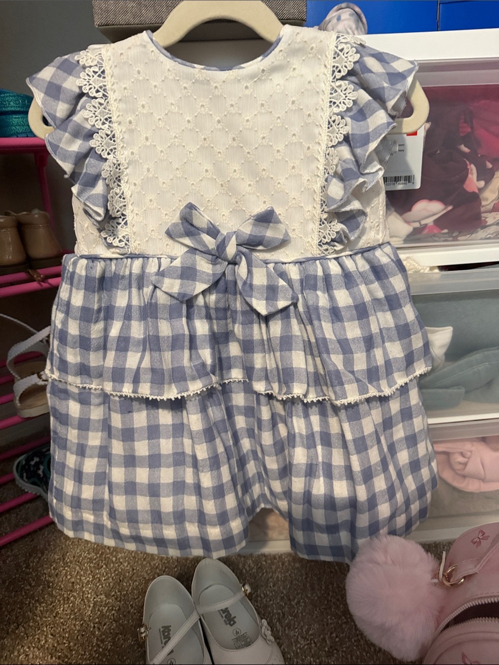 Girls' Light Blue Gingham Tiered Bow Skirted Dress